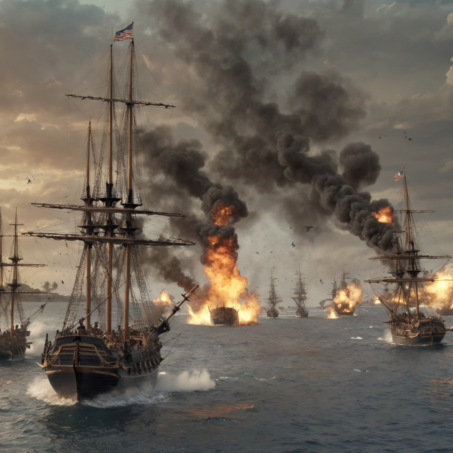 00151-1663516682-epic battle scene, ships at sea, cannons firing, bombs, explosions, smoke, shrapnel, colonial era.png